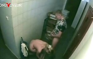 Public voyeur. hot blonde being baked hard in a bakery utility room
