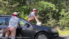 Stepsisters Piss on Car in Public