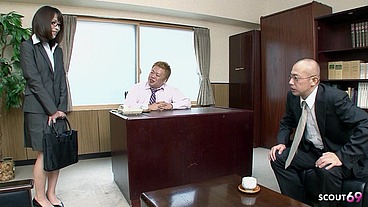 Japanese Secretary Teen seduce to Double Creampie MMF 3Some Fuck by older Guys in Office