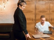 TUTOR4K. Mature woman with short haircut gives muff to younger man for sex