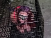 MILF caged and pissed on by Master and she thanks Him for golden shower