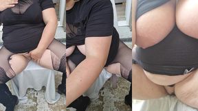 sur ma terrassehabillee comme une salope en jupe collants et cuissarde je me ...