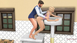 Stepdad fingering stepdaughter in front of stepmother in kitchen
