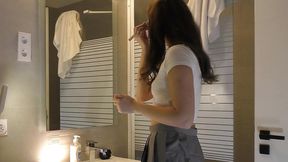 Long legs hot college girl Alicia in her plaid school uniform mini skirt and stockings in bathroom