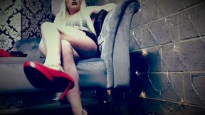 Seductive gloved blonde teases you with red heel dangling & leather ass