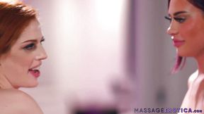 Lesbian masseuse fingers redhead to screaming orgasm