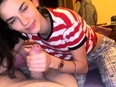 Amateur brunette cutie struggles to take his big dick
