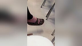 Girl Dangles Her Sandals In Class, Showing Off Her Nice Feet