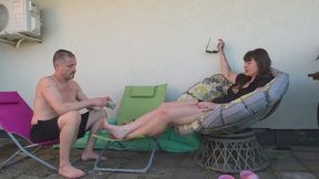 Delilah and Faith - PUBLIC - nylon socks worship and CBT - front VIEW
