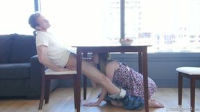 Katy Kiss gives head under a table and passionately fucks on a bed