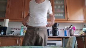Hot Guy Jerks off in the Kitchen and Moans While Shooting a Big Load of Cum