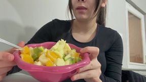 I eat a bowl of fruit because it's healthy and makes me feel good.