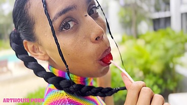Skinny Colombian Girl Violeta Grey Loves Lollipops, Sucking & Fucking