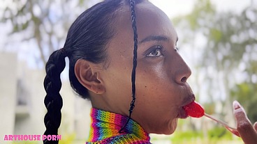 Skinny Colombian Girl Violeta Grey Loves Lollipops, Sucking & Fucking