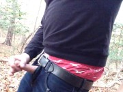 Public jerking off in the woods and cumming, sagging, boxers and jeans.