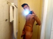 Middle eastern guy jerks off in hotel bathroom, cums in sink