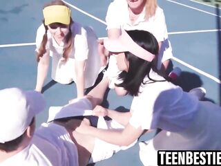 Brace faced besties share a large penis in a foursome