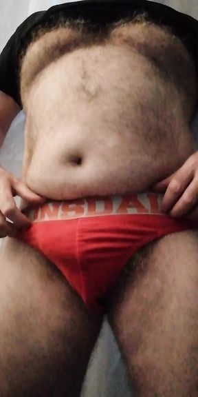 UK Hairy Daddy Bear Wanking in Red Lonsdale Briefs