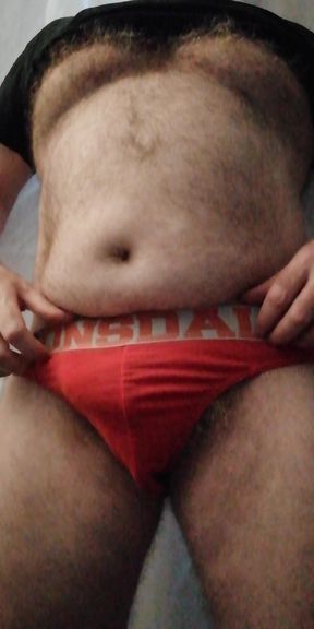 UK Hairy Daddy Bear Wanking in Red Lonsdale Briefs