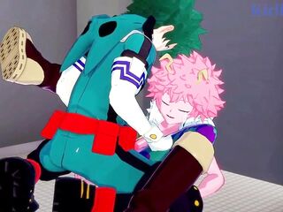 Mina Ashido and Momo Yaoyorozu and Izuku Midoriya intense sex. - My Hero Academia Hentai