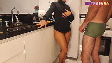 My husband's friend caught me masturbating, and I ended up fucking him right there in the kitchen before my husband got back from the bakery; he came inside me—I didn't want to have penetrative sex.