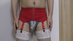 Red garter belt &amp; satin panties &amp; white stockings