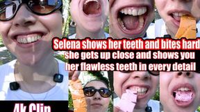 4K | Selena bares her teeth and bites down hard on chew bars for you so you can see her teeth marks, she bites with her mouth open and swallows them right in front of your nose.