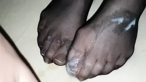 Black nylon sock on Wife&#039;s french toenails in detail covered by big cum load