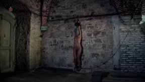 Hanging at the wall with her legs spread wide apart the female prisoner is made hot by lashes