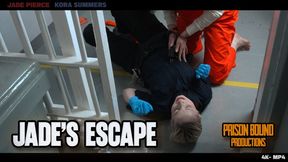 Jade's Prison Escape - Inmate girl gets her prison cell searched and overpowers her guard to reverse roles. Hog cuffed, shocked with handheld cattle prod, and mouth stuffed with sock for Officer Kora Summers -4K -MP4