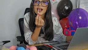 This super sexy secretary plays with her balloons, doing ride-to-pop and blow-to-pop in her office