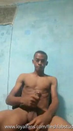 Black Twink Strokes His Thick Cock Alone in Bedroom Until He Unloads
