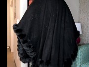 Sissy Crossdresser in Fur Coat and Stockings shows off limp dick and ass