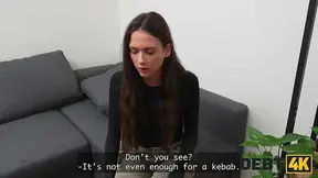 Amateur brunette hottie pays off debts with a deepthroat and hardcore bang