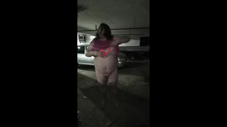 Nude Chub Sissy does Nip Ache in a Parking Garage!