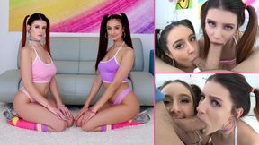 Playful teens Michele James and Eliza Ibarra suck with love