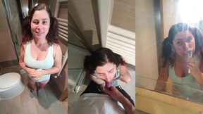 stupid stepdaughter brushes her teeth with cum, stepdaddy cheated her