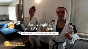 Barbie FIghter and Ariel karate kicks and punches lesson pt.1