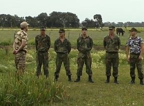 Military homosexuals fulfilling their sexual needs in orgy outdoors