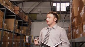 Two busty employees have orgy with bosses in the warehouse
