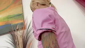 She gets caught stealing but she ends up fucking his fat cock