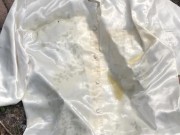 Peeing on a white satin blouse and cumming