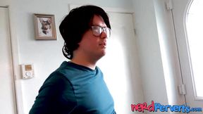UK babe Valentina Bianco gives a sloppy blowjob to a nerd with a hefty dick