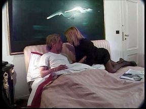 Small boob tranny in black stocking in bed sucking studs big dick then fucks