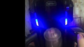A stud shoots a load for the very first time from an automatic masturbator