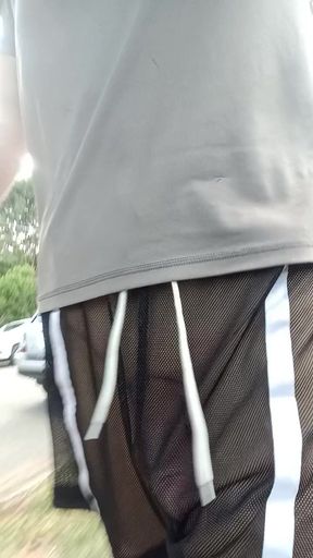 Freeballing in completely see through shorts in public with nowhere to hide!
