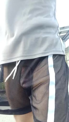 Freeballing in completely see through shorts in public with nowhere to hide!