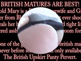 The nice-looking British granny lifts her petticoat and shows off her hirsute twat and taut, aged butt.
