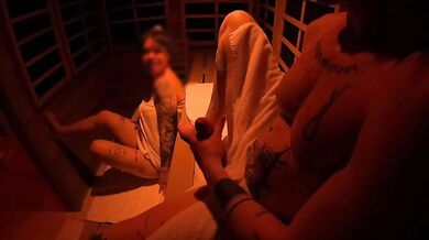 Sauna MILF sucks long cock raw after caught jerking off in public