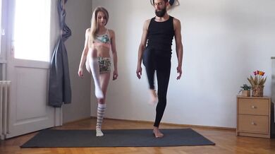 Amateur couple yoga workout first time naked stretching